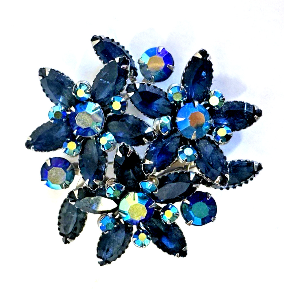 Vtg. STUNNING Jewelry Brooch Pin with Blue & Aurora Borealis Rhinestones 1960s
